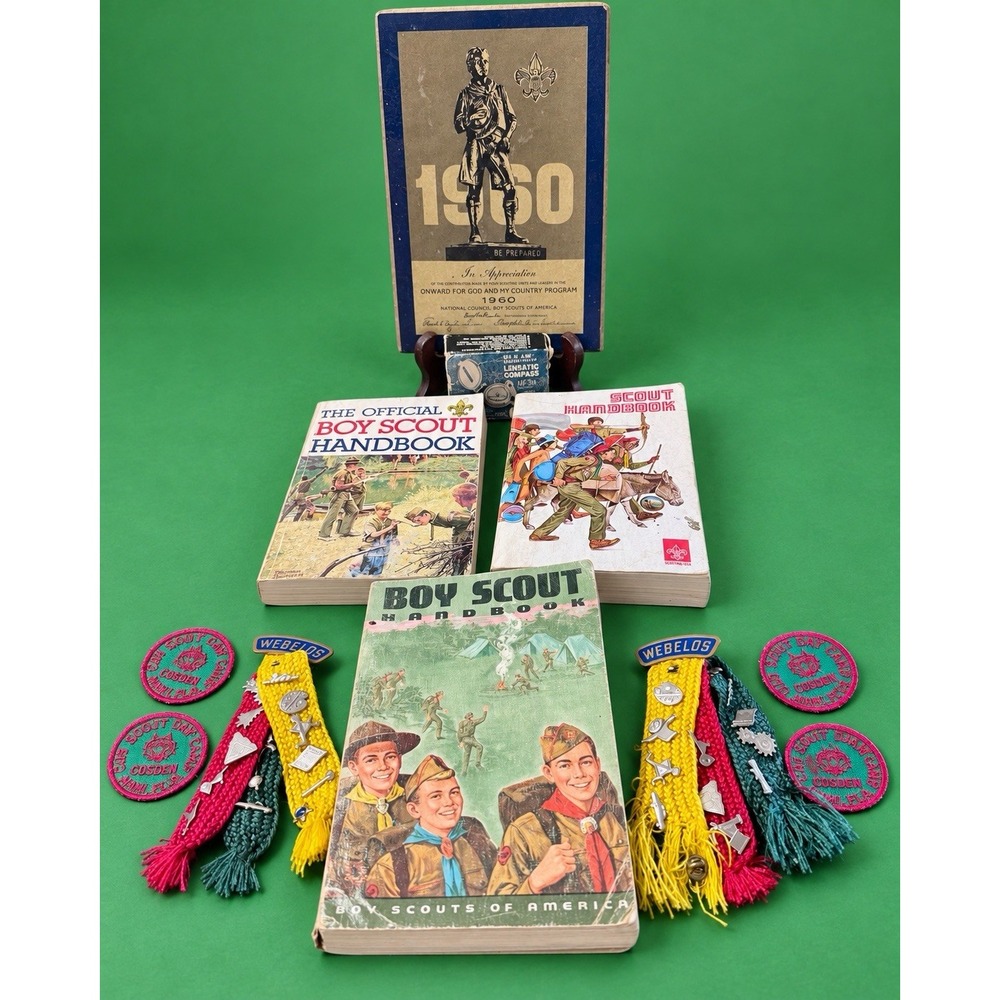 Vintage BSA Boy Scout Lot 1960 Plaque 1965 Handbook Webelos Pins Patches Compass